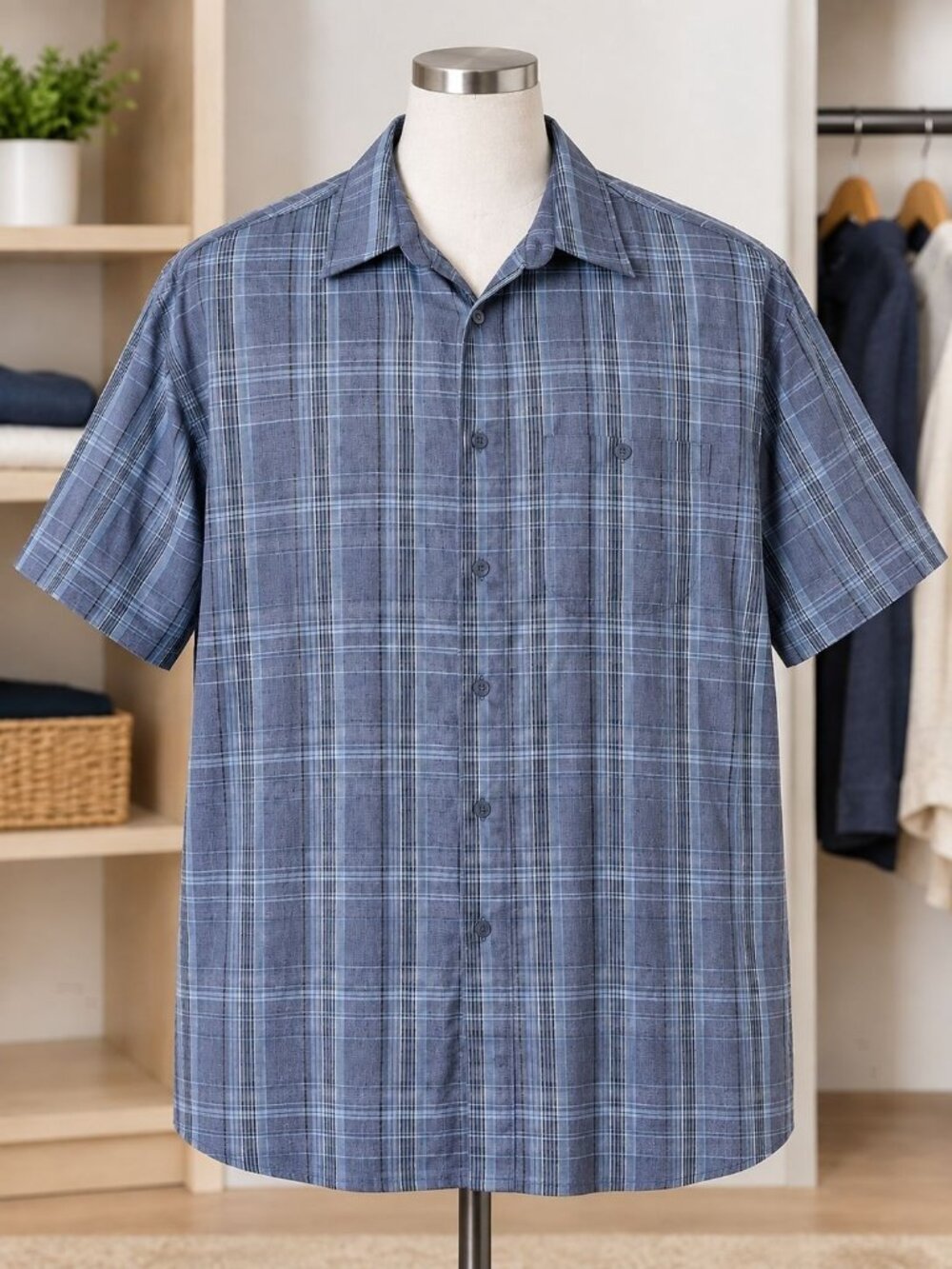 Haggar Mens Plaid Short Sleeve Button Down Casual Shirt Blue XXL Lightweight